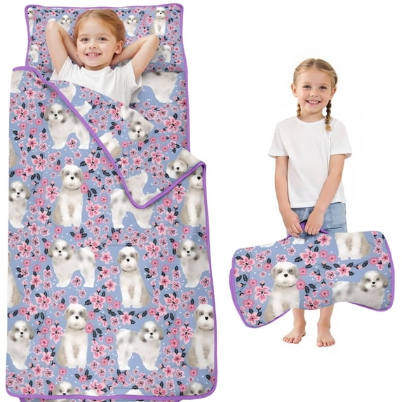 Bichon Dog Purple Florals Toddler Nap Mats for Kids Preschool,Sleeping Mat Bag or Kids,Toddler Sleeping Bag,Toddler Nap Mat or Daycare
