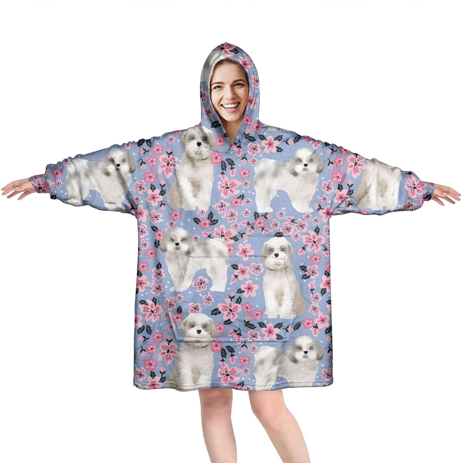Bichon Dog Purple Florals Wearable Oversized Blanket,Wearable Blanket Hoodie for Adults,Cozy Hooded Blankets with Super Pockets,Super Warm Fuzzy Pullover for Women & Men