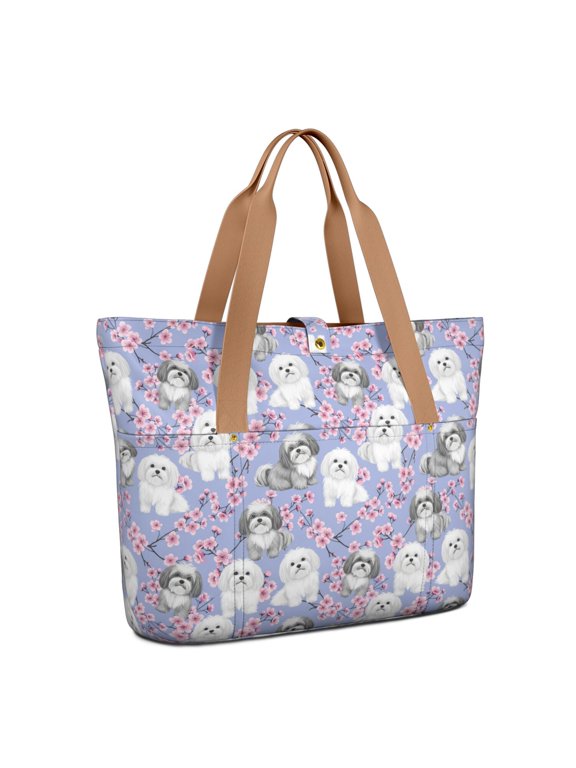 Bichon Frise and Cherry Blossom Large Tote Bag for Women, Polyester Roomy Travel Tote with Pockets and Zipper, Foldable Gifts Ideas for Christmas Birthday