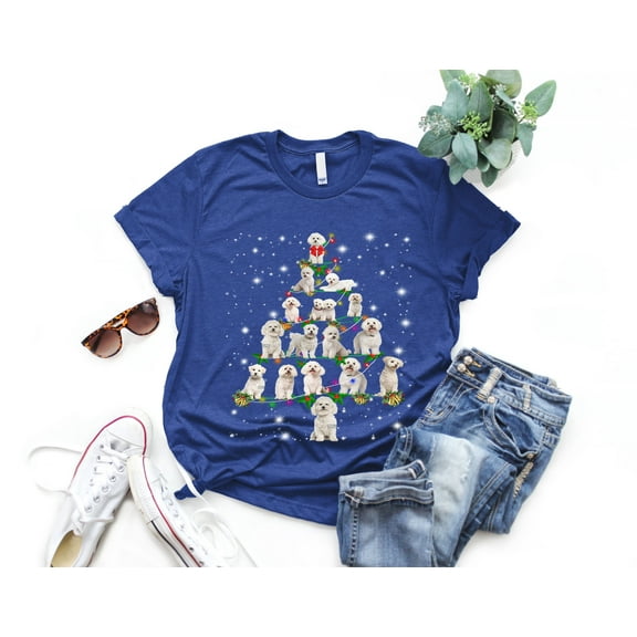 Bichon Frise Christmas Tree T-Shirt, Funny Dog Lover Gift, Bichon Frise Christmas Lights Shirts, Christmas Shirts for Women Men