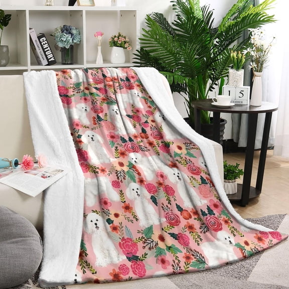 Bichon Frise Dog and Pioneer Flower Blanket,Comfortable Soft Lamb Wool Throw Blanket,All Season,Warm Lightweight Blankets for Sofa Bed Couch Living Room Chair,60"x80"