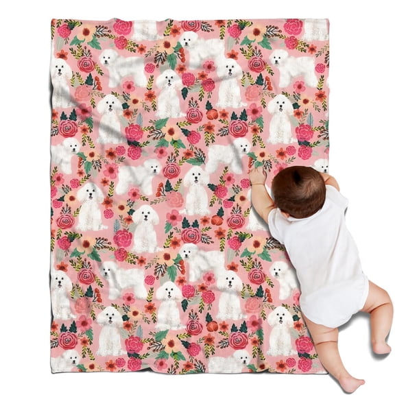 Bichon Frise Dog and Pioneer Flower Blanket,Comfortable Soft Lamb Wool Throw Blanket,All Season,Warm Lightweight Blankets for Sofa Bed Couch Living Room Chair,30"x40"