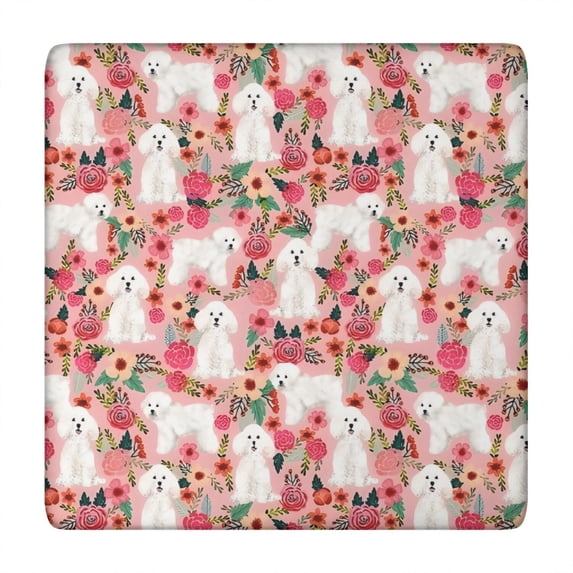 Bichon Frise Dog and Pioneer Flower Square Fitted Tablecloth with Elastic Edge,Square Table Cover,Washable Elastic Table Cover for Home Kitchen Party Decor 34"x34"