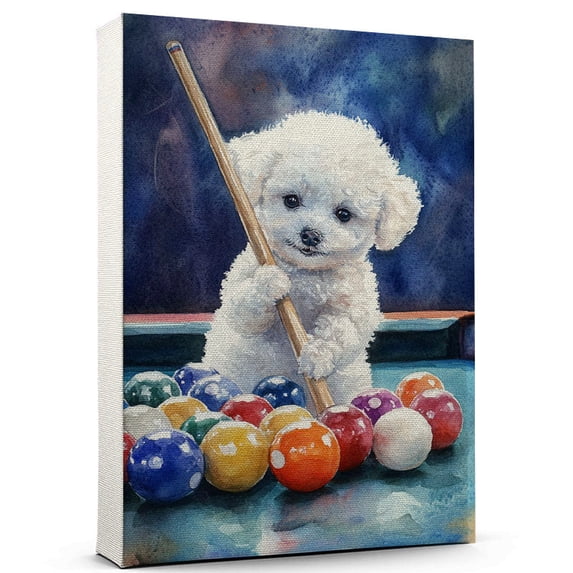 Bichon Frise Dog Stretched Canvas Size 8x12 – Billiards Theme Dog Art for Wall, Bichon Frise Dog Playing Billiards Wall Art, Dog Lover Canvas Decor