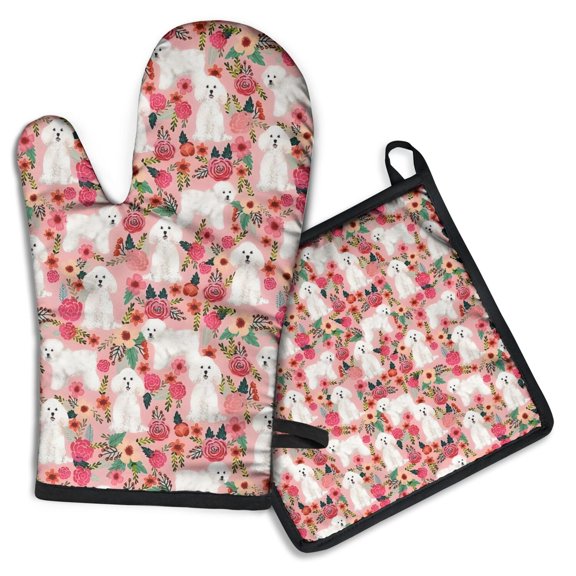 Bichon Frise Dog and Flower Kitchen Oven Mitt and Pot Holder Sets 2 Pcs for Baking, Cooking and Grilling, Heat Resistant Up To 392 °F