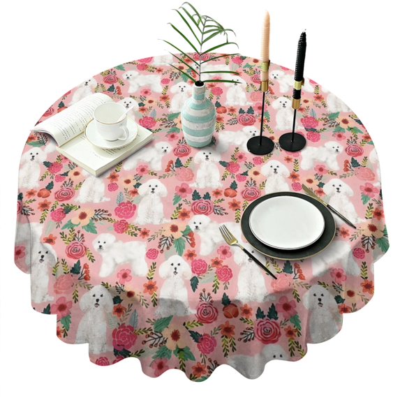 Bichon Frise Dog and Pioneer Flower Round Tablecloth 60"x60",Wrinkle Wipeable Table Cloth for Kitchen Dining Room Picnic Patio Party