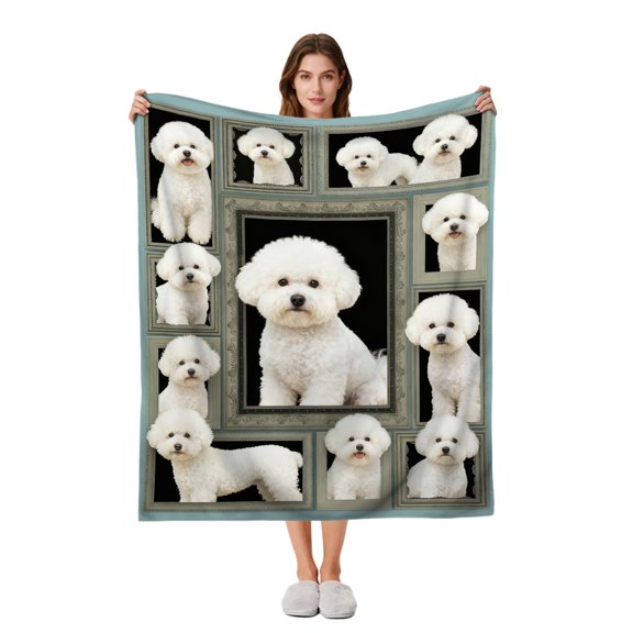 Bichon Frise Flannel Fleece Blanket, Soft Cozy Dog Throw with Framed Bichon Portrait Collage, Lightweight Warm Bed & Couch Cover, Machine Washable, Gift for Pet Lovers - 60"x50"