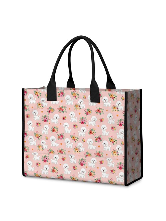Bichon Frise and Flowers Pink Pattern Beach Tote Bag, Gym Weekend Bag with Inner Pocket & Removable Bottom, Large Capacity Gifts for Beach Travel Picnic