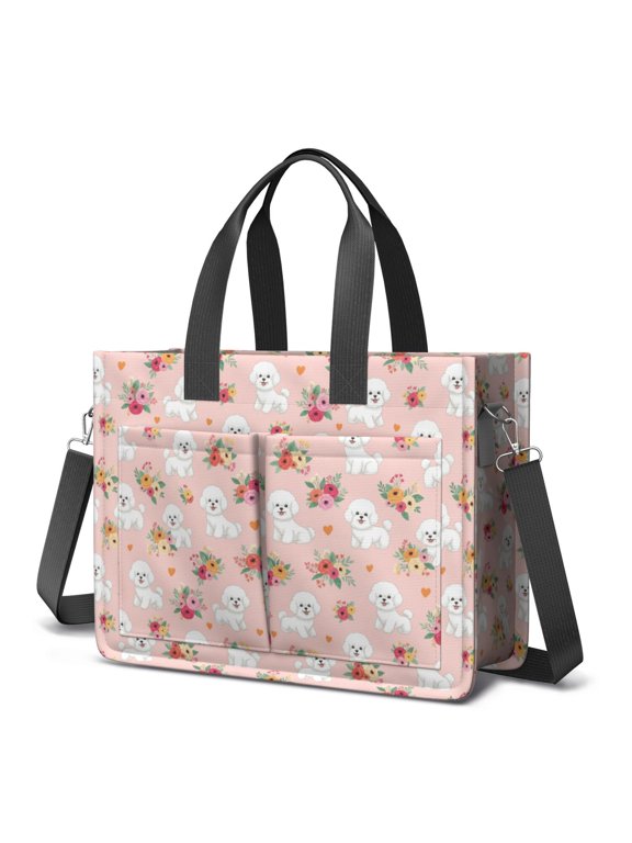 Bichon Frise and Flowers Pink Pattern Canvas Messenger Tote Bag, Nurse Handbag with Multi Pockets & Removable Strap, Large Capacity Gifts for Birthday Christmas Thanksgiving