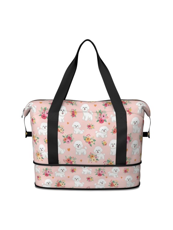 Bichon Frise and Flowers Pink Pattern Expandable Travel Tote Bag, Luggage Sleeve Travel Bag with Dry Wet Pockets, Expandable Bottom Gift Ideas for All People