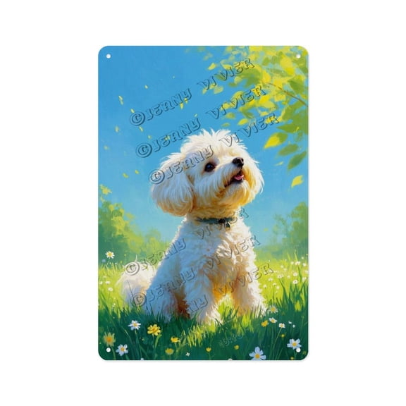 Bichon Frise on the Grass 12x16 Inch Decorative Metal Sign Adorable Dog-Themed Tin Sign for Pet Lovers, Rustic Wall Decor for Living Room, Gift for Fluffy Dog Lovers