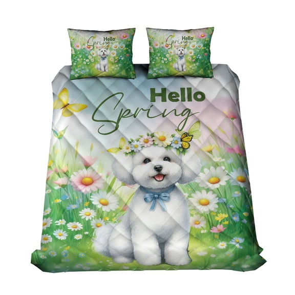 Bichon Frise Hello Spring Time Flower Floral Nature Quilt Bedding Set Bichons Dog Lovers Gifts Idea 1 Blanket Bed Cover 2 Pillowcases - 02031