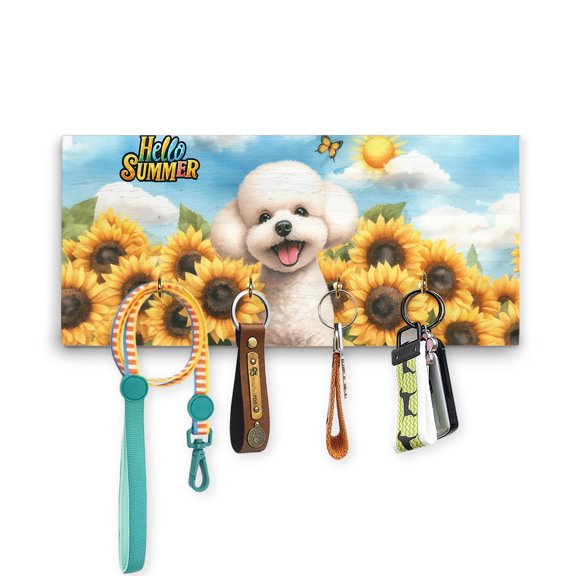 Bichon Frise Hello Summer Sunshine Sunflowers Spring Retro Vintage Wood Key Holder Bichons Dog Lovers Gifts Idea Wall-mounted Key Rack Home Decor - 00008