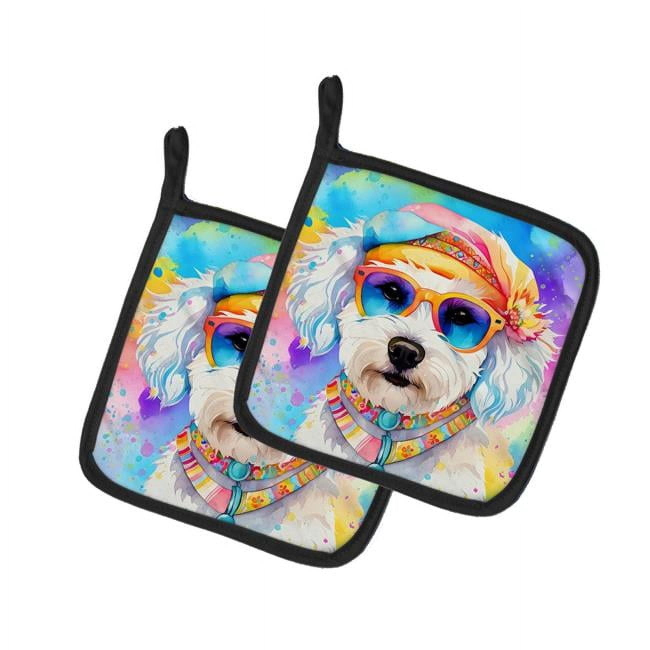 Bichon Frise Hippie Dawg Pair of Pot Holders 7.5 in x 7.5 in