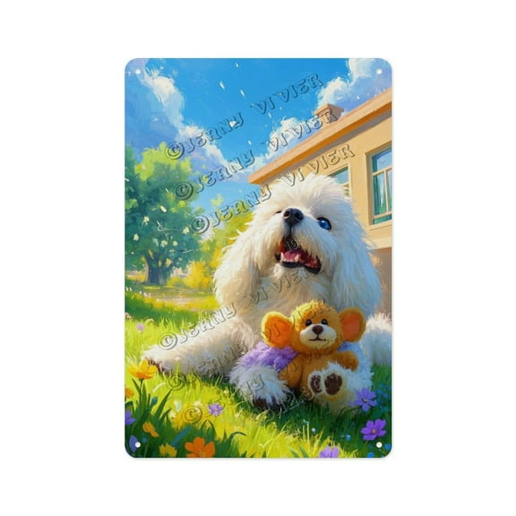 Bichon Frise On The Grass  Adorable Dog-Themed Wall Art for Pet Lovers, 12x16 Metal Sign for Home Dcor