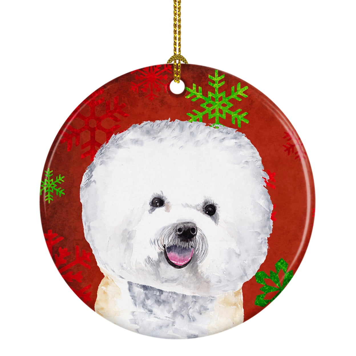 Bichon Frise Red and Green Ceramic Christmas Ornament