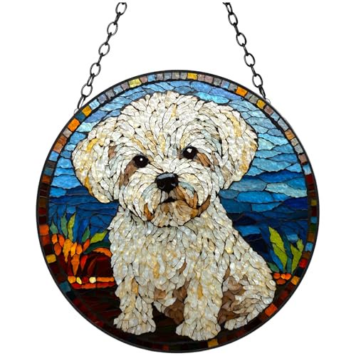 Bichon Frise Stained Glass Suncatcher Window Hangings Colored Handmade Glass Suncatcher Crafts Kits for Indoor Garden Christmas Decoration 16x16cm(16)