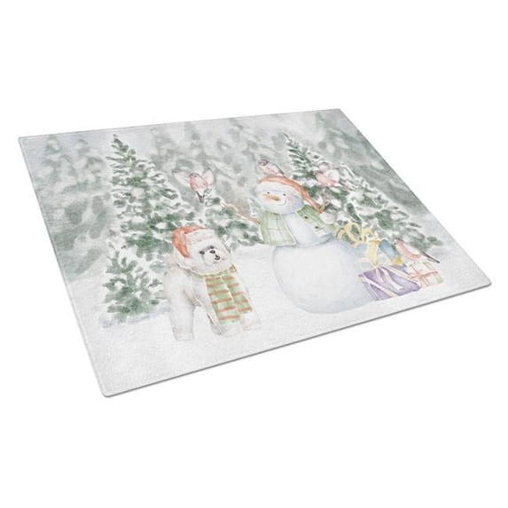 Bichon Frise Standing with Christmas Presents Glass Cutting Board Large 12 in x 15 in