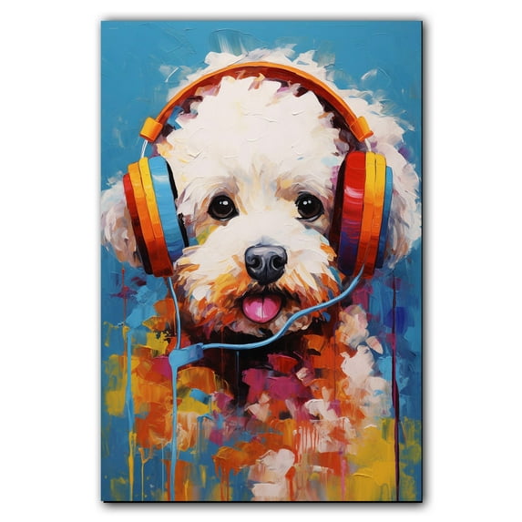 Bichon Frise Wall Art - Funny Dog Canvas Canvas for Kids' Room 11x17inch - Colorful Puppy with Earphone Pictures Framed Ready to Hang