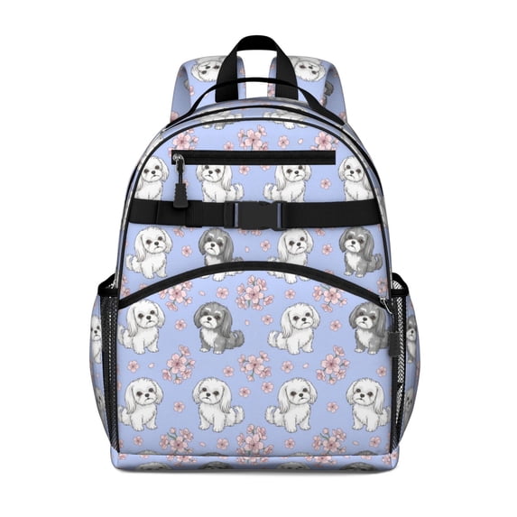 Bichon Frise and Cherry Blossom Cute School Backpack Bag for School with Padded Back and Adjustable Shoulder Straps 15.25"x11.5"x5.25"