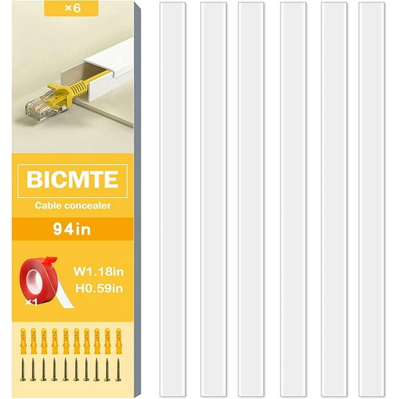 Bicmte Cord Cover Raceway Kit - 6pcs 15.75 x 1.18 x 0.59in Cable Management Channel, Hiding Wall Mount TV Power Cords for home office, White