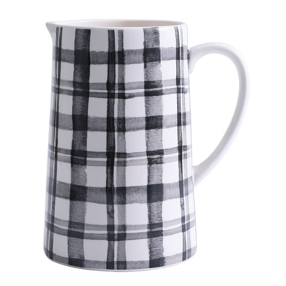 Bico Black and White Plaid 3.2 Quarts Ceramic Pitcher with Handle, Decorative Vase