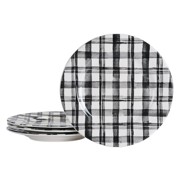 Bico Black and White Plaid Dinner Plates, Ceramic, Set of 4, for Pasta, Salad, Maincourse, Microwave & Dishwasher Safe