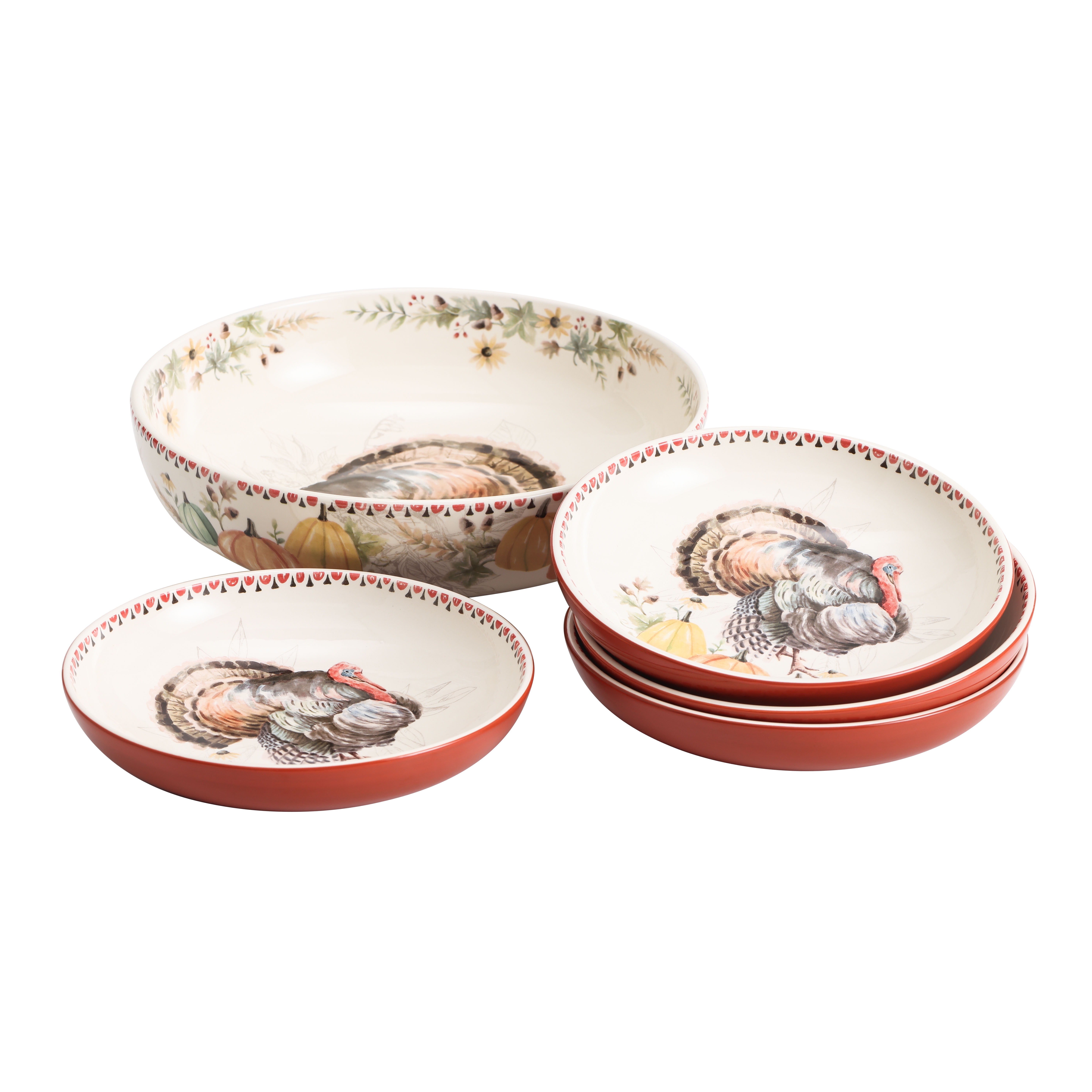Bico Blessing Season Ceramic Pasta Bowl, Set of 5(1 unit 214oz, 4 units 35oz), for Pasta, Salad, Microwave \u0026 Dishwasher Safe, House Warming Gift Turkey Design