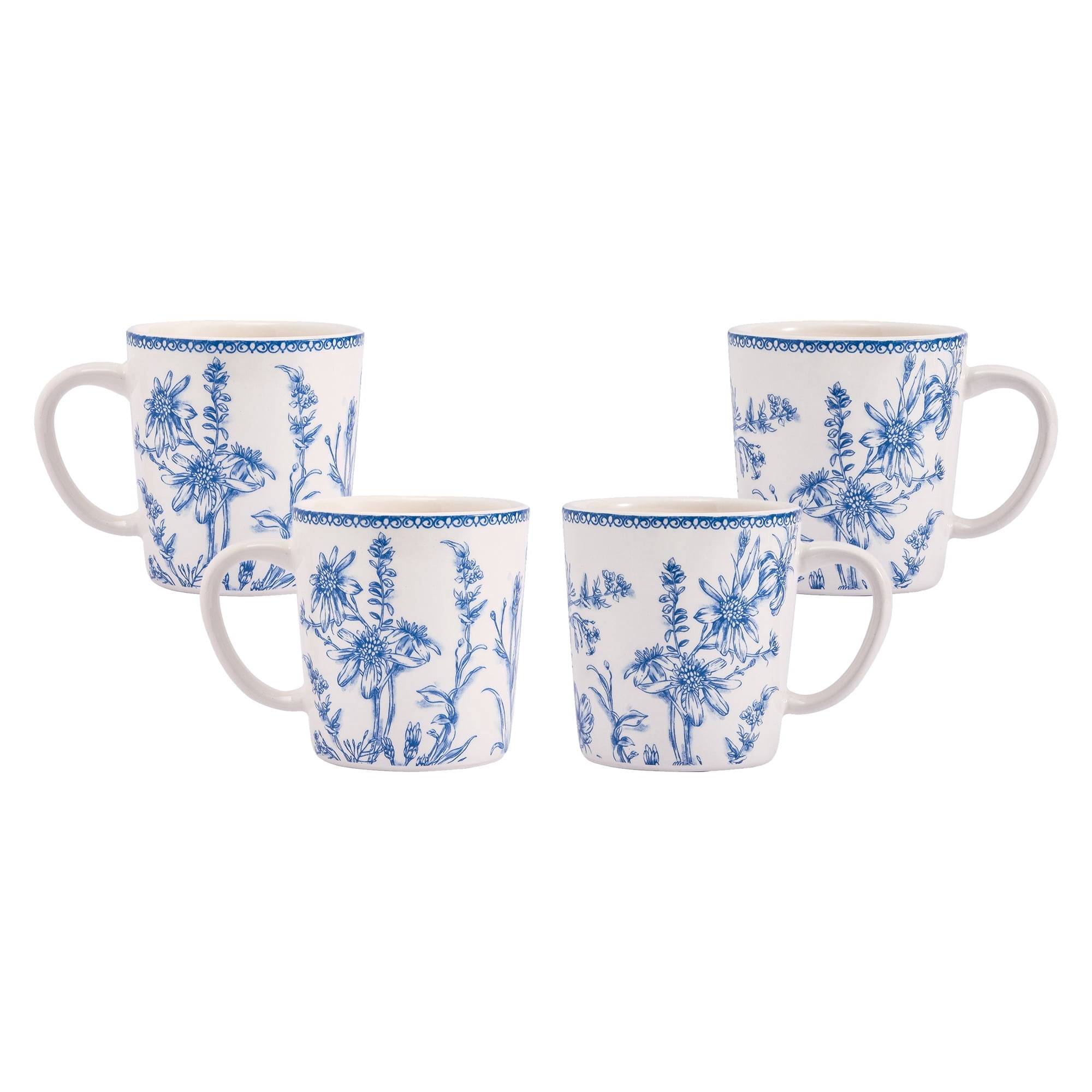 Bico Blue Garden Toile De Jouy Ceramic Coffee Mugs Set of 4, 18 oz ...