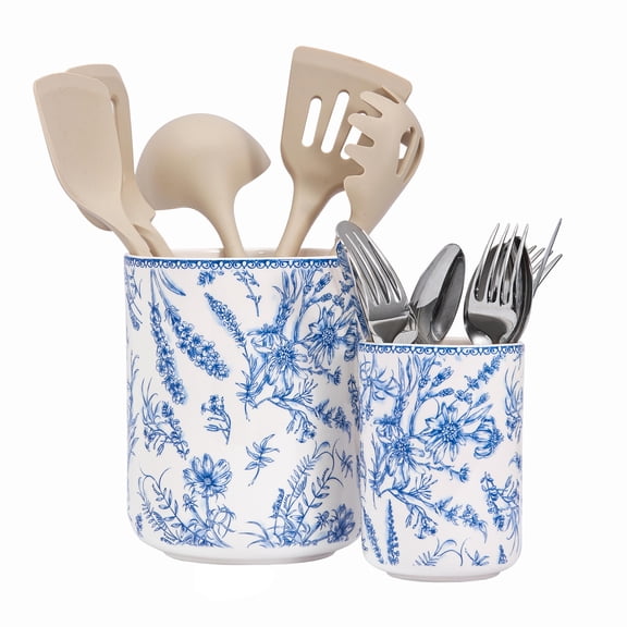 Bico Blue Garden Toile De Jouy Ceramic Utensil Holder Set of 2, Ceramic Kitchen Utensil Crocks for Countertop, Large Cooking Tool Holder Counter Decor, Spatula Organizer