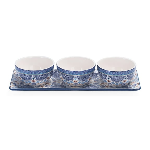Bico Blue Talavera Ceramic Dipping Bowl Set (9oz bowls with 14 inch platter), for Sauce, Nachos, Snacks, Microwave & Dishwasher Safe