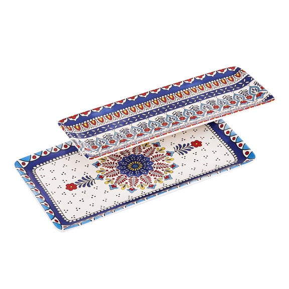 Bico Boho Totem Ceramic 14 inch Rectangular Serving Platter, Set of 2, for Serving Salad, Pasta, Cheese, Ham, Appetizer, Microwave & Dishwasher Safe