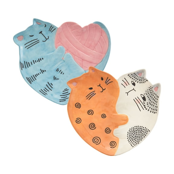 Bico Cartoon Cat Valentine's Day Handpainted Stoneware 11 inch Heart Shape Dinner Plates Set, Set of 2, Microwave & Dishwasher Safe, for Salad, Desserts, Pasta