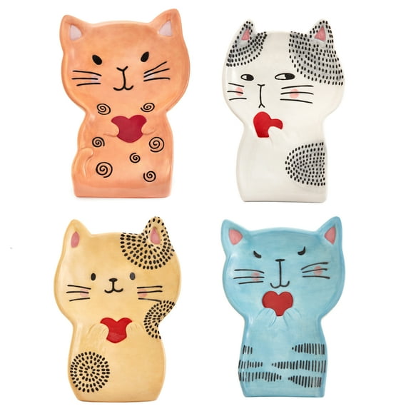 Bico Cartoon Cat Valentine's Day Handpainted Stoneware Spoon Rest Set, Set of 4, Microwave & Dishwasher Safe, for holding spoon, spatula, cookeware