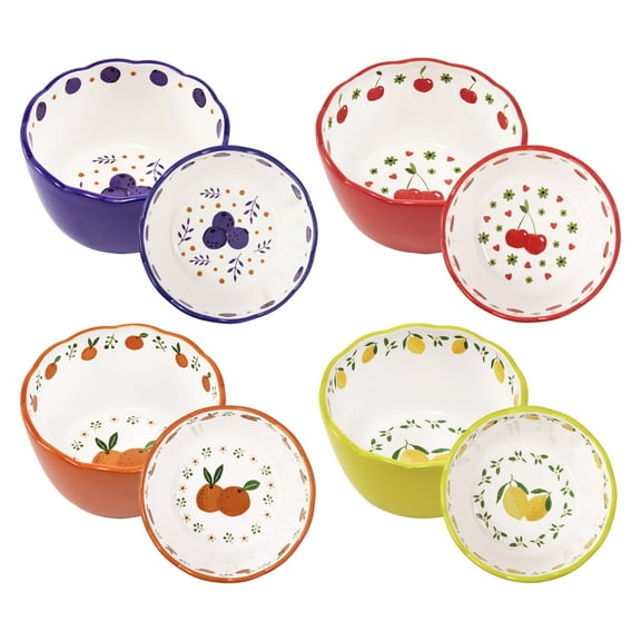 Bico Cartoon Fruit Pop Scalloped Ceramic Cereal Bowls, Set of 4, Microwave & Dishwasher Safe, Assorted Colors