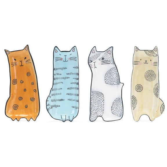 Bico Cat Design Handcrafted Stoneware Ceramic 8 inch Appetizer Plates Set of 4, Assorted Color