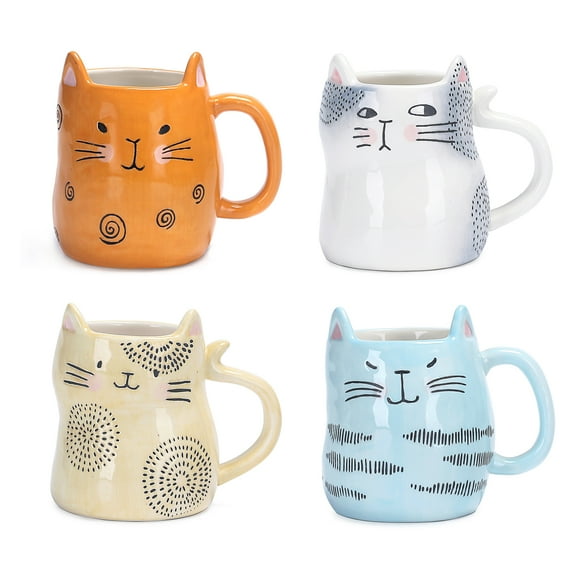 Bico Cat Design Handcrafted Stoneware Ceramic Mugs 10oz , Set of 4, Assorted Color