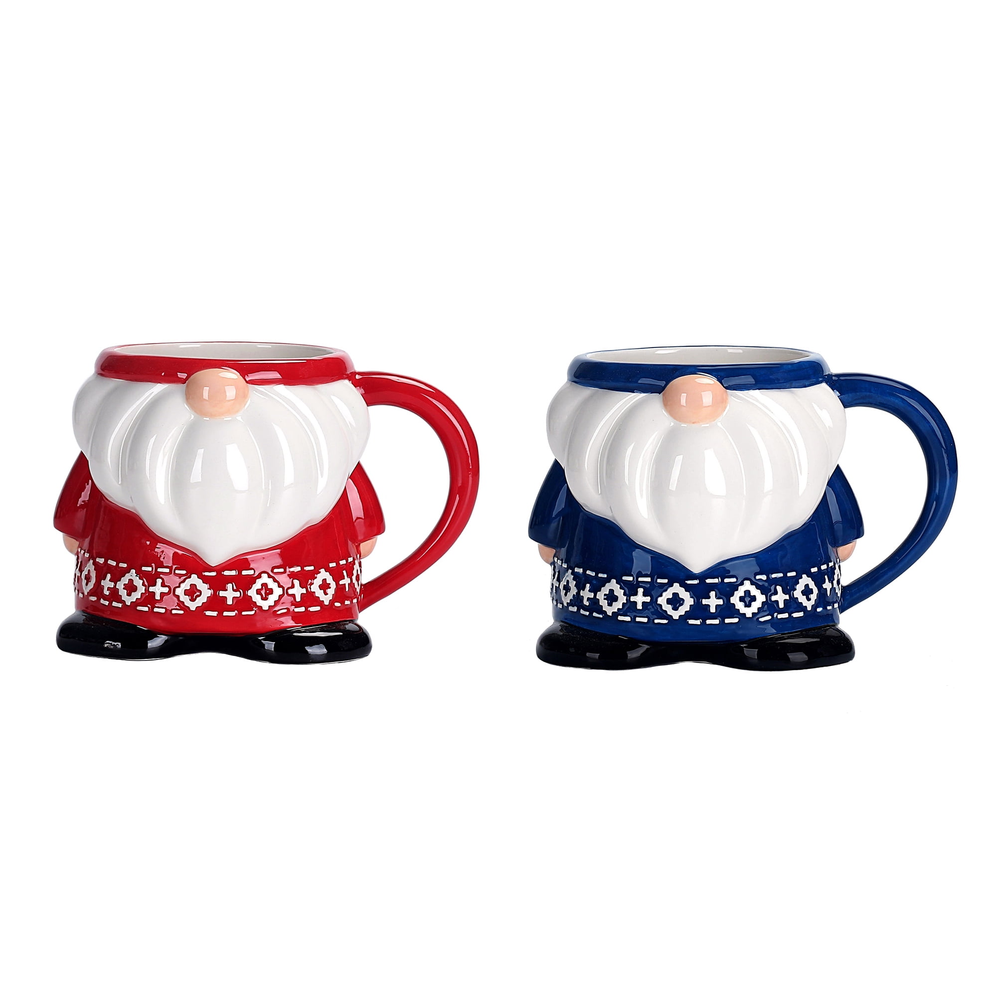Bico Ceramic Red & Blue Christmas Gnome 15oz Mugs Set, Handpainted, Microwave & Dishwasher Safe