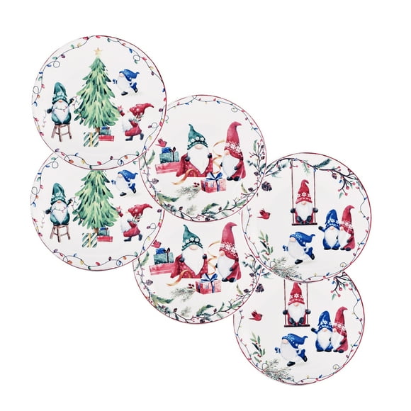 Bico Christmas Gnomes 6 inch Ceramic Appetizer Plate, Set of 6, for Salad, Appetizer, Snacks, Microwave & Dishwasher Safe