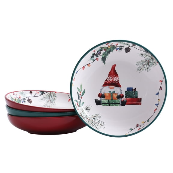 Bico Christmas Gnomes Ceramic 35oz Dinner Bowls, Set of 4, for Pasta, Salad, Cereal, Soup & Microwave & Dishwasher Safe