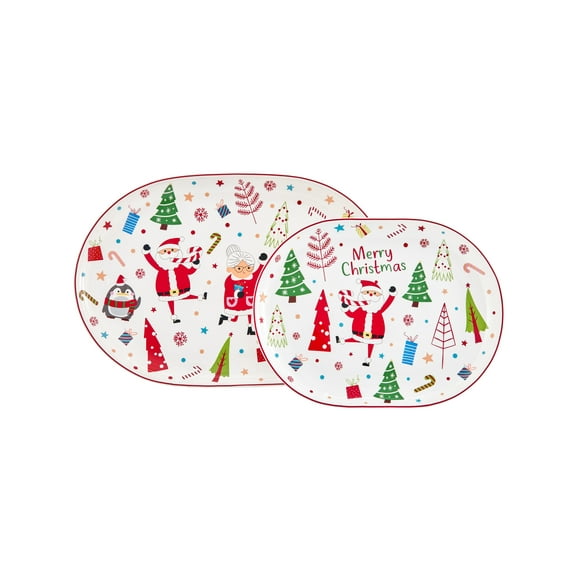 Bico Christmas Merry Crew Ceramic 16 inch plus 12 inch Ceramic Oval Platter, Set of 2, for Serving Turkey, Steak, Salad, Microwave & Dishwasher Safe
