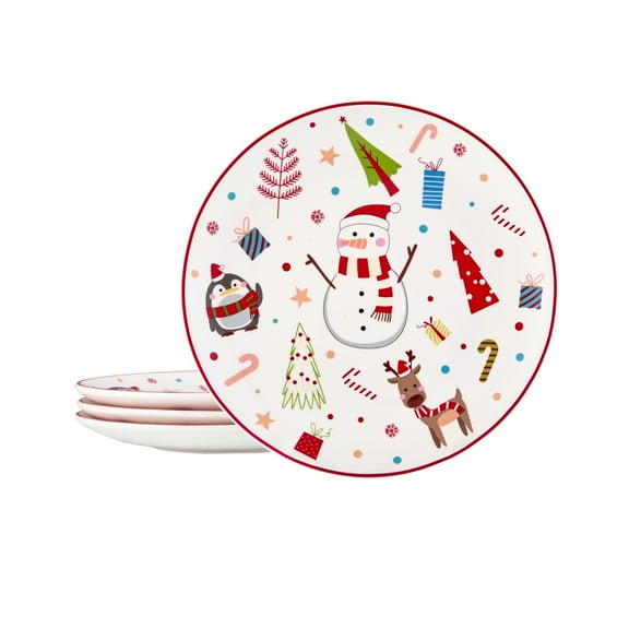 Bico Christmas Merry Crew Ceramic 8.75 inch Holiday Salad Plates Set, Set of 4, for salad, appetizer, tapas, Microwave and Dishwasher Safe, Scratch Resistant