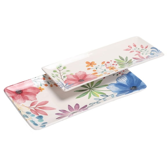 Bico Flower Carnival Ceramic 14 inch Rectangular Serving Platter, Set of 2, for Serving Salad, Pasta, Cheese, Ham, Appetizer, Microwave & Dishwasher Safe