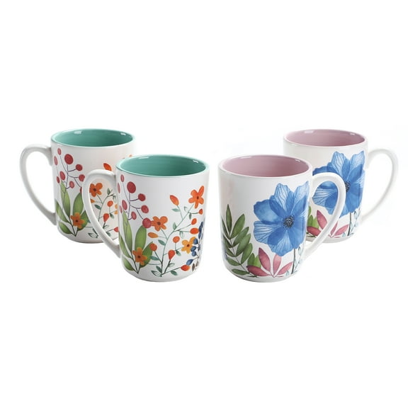 Bico Flower Carnival Ceramic Mugs, two green two pink, Set of 4, for Coffee, Tea, Drinks, Microwave & Dishwasher Safe