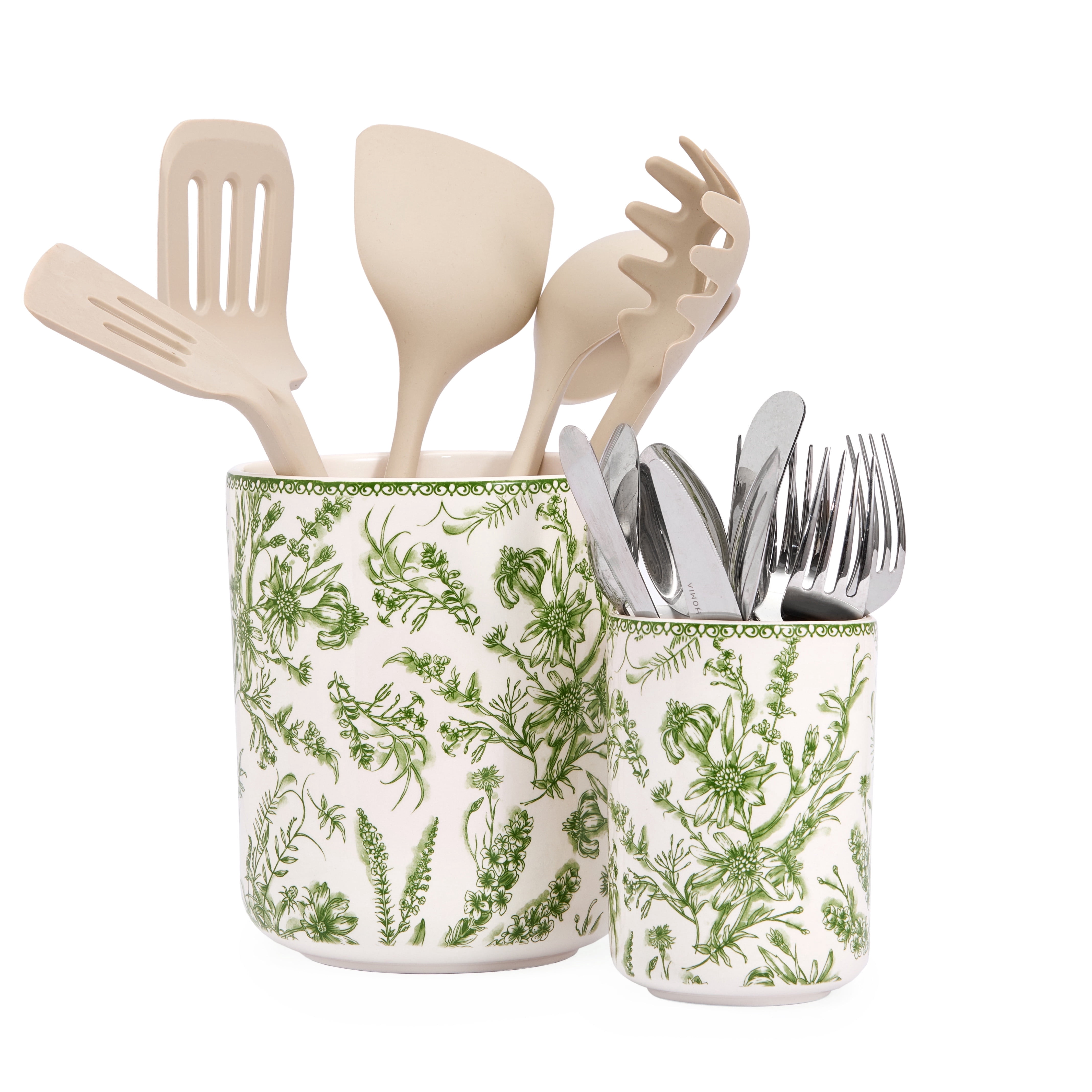 Bico Green Garden Toile De Jouy Ceramic Utensil Holder Set of 2, Ceramic Kitchen Utensil Crocks for Countertop, Large Cooking Tool Holder Counter Decor, Spatula Organizer