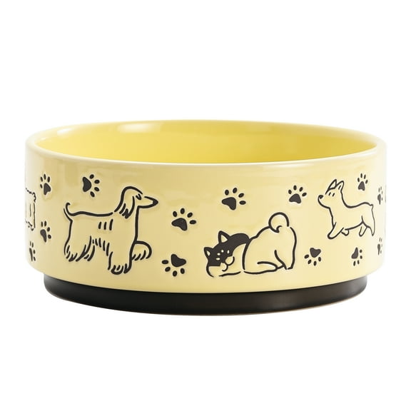 Bico Happy Dogs Yellow Ceramic 76oz Pet Bowl, for Large Size Dog, Puppy, Cat, Kitten, Durable and Dishwasher Safe Stoneware