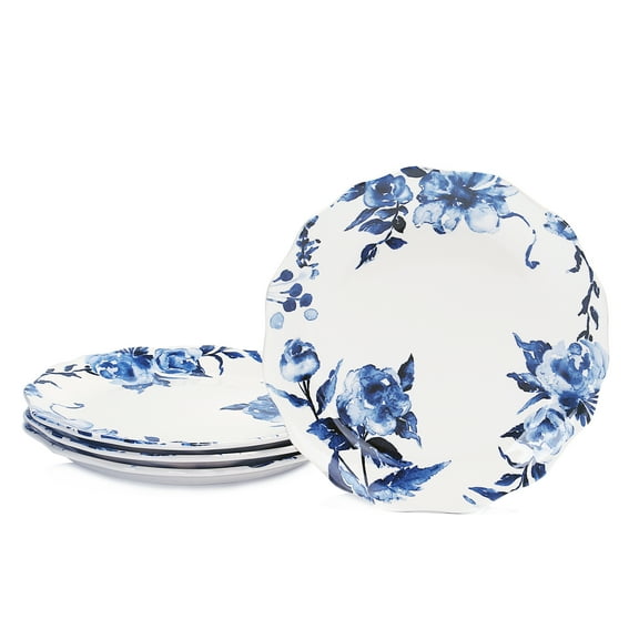 Bico International Scalloped Dishwasher and Microwave Safe Dinner Plates, Blue Flower, 4 Piece
