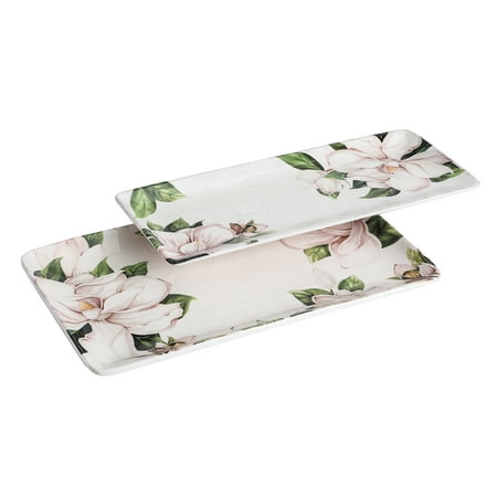 Bico Magnolia Floral Ceramic 14 inch Rectangular Serving Platter, Set of 2, for Serving Salad, Pasta, Cheese, Ham, Appetizer, Microwave & Dishwasher Safe