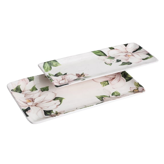 Bico Magnolia Floral Ceramic 14 inch Rectangular Serving Platter, Set of 2, for Serving Salad, Pasta, Cheese, Ham, Appetizer, Microwave & Dishwasher Safe