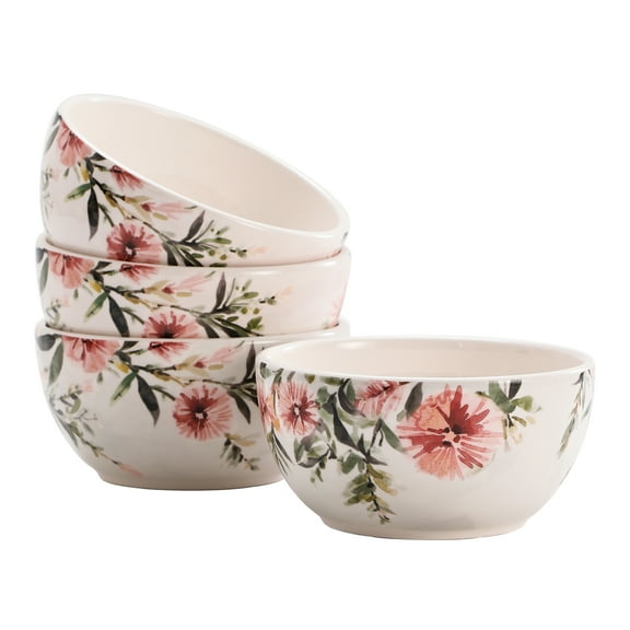 Bico Pink Dandelion Ceramic Bowls Set of 4, 26oz, for Pasta, Salad, Cereal, Soup & Microwave & Dishwasher Safe